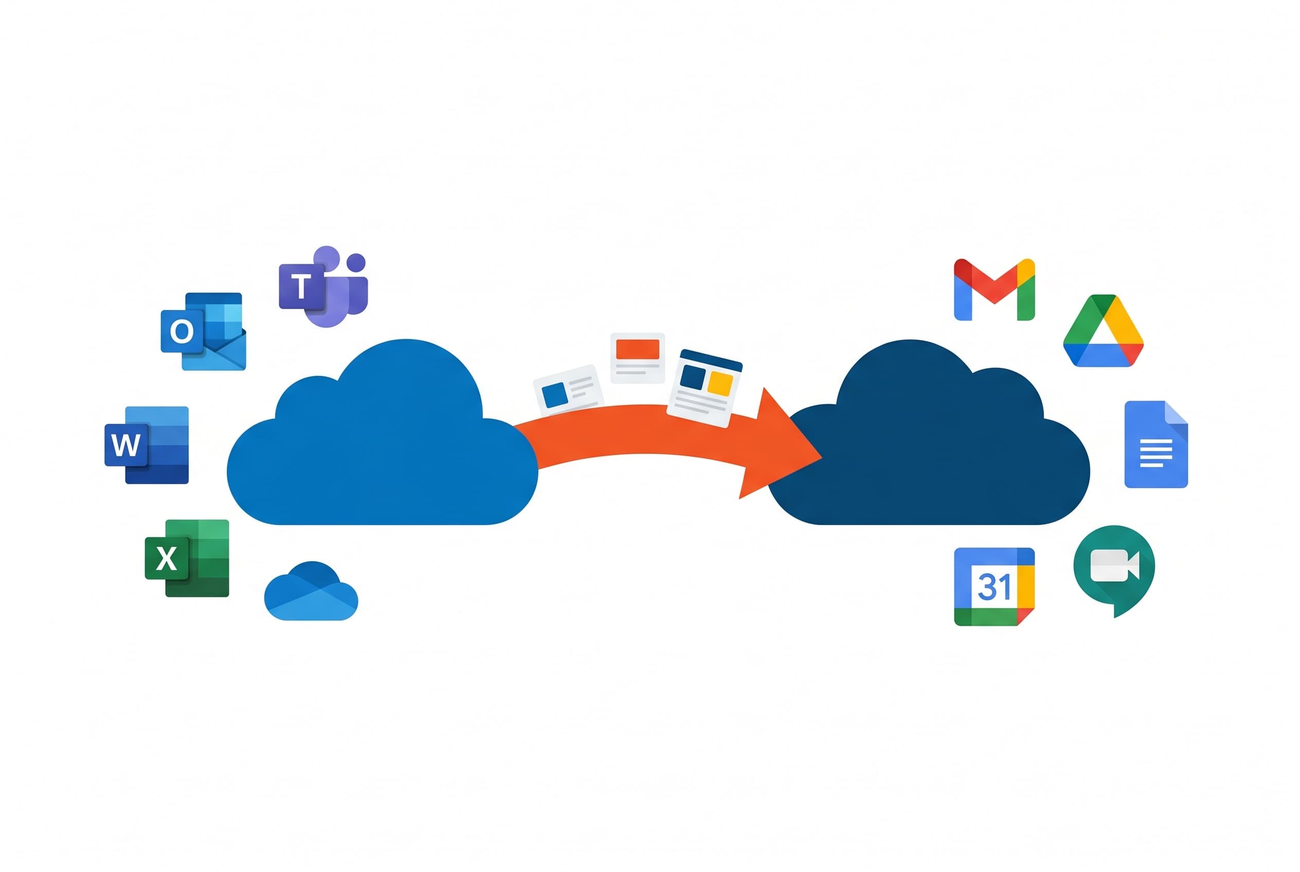 Documents, emails et agenda d'une PME qui migrent d'un cloud vers un autre le long d'une flèche