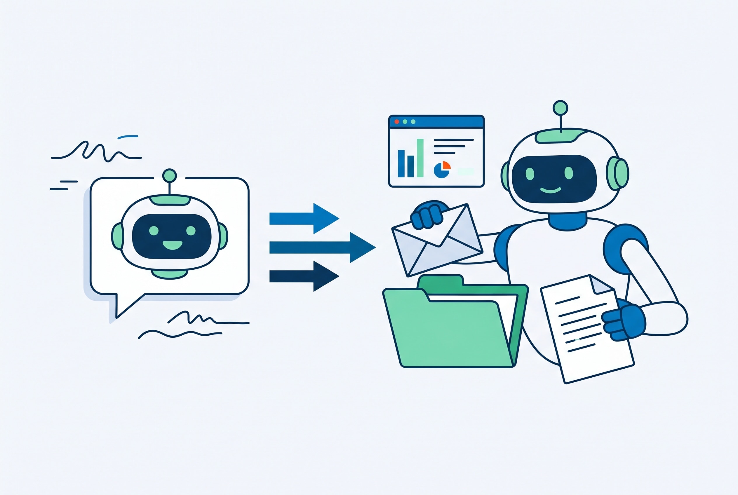 À gauche un chatbot qui répond, à droite un agent IA qui trie des e-mails et prépare des documents