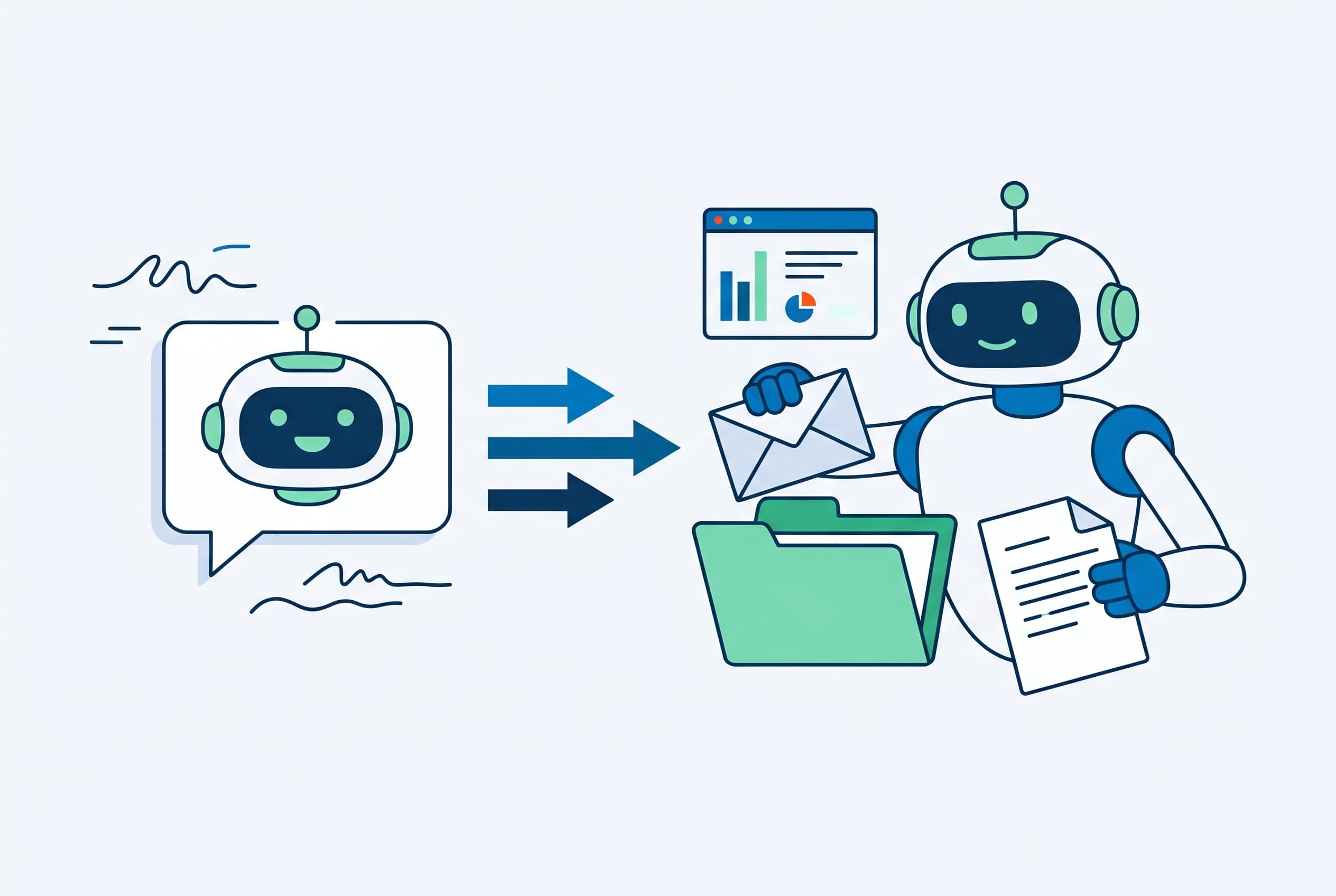 À gauche un chatbot qui répond, à droite un agent IA qui trie des e-mails et prépare des documents